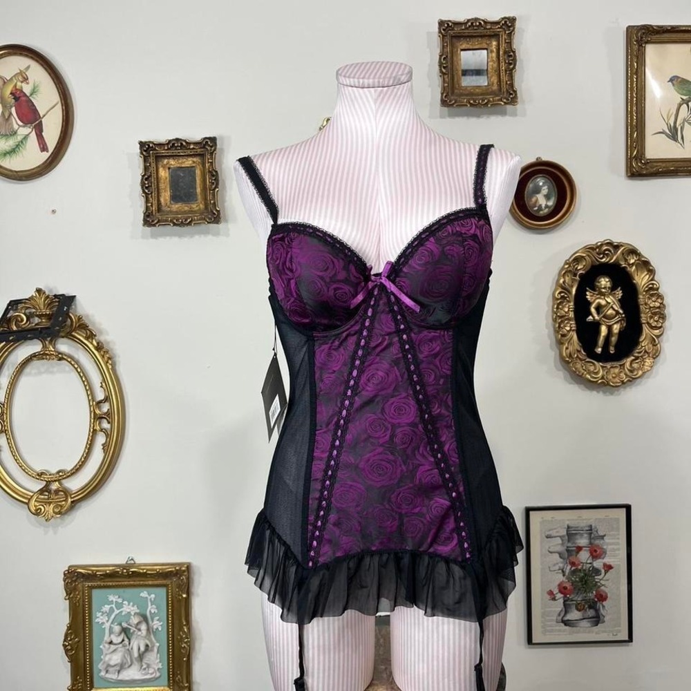 Vintage Y2K Rene Rofe Signature Collection Black & Purple Rose Lace Bustier